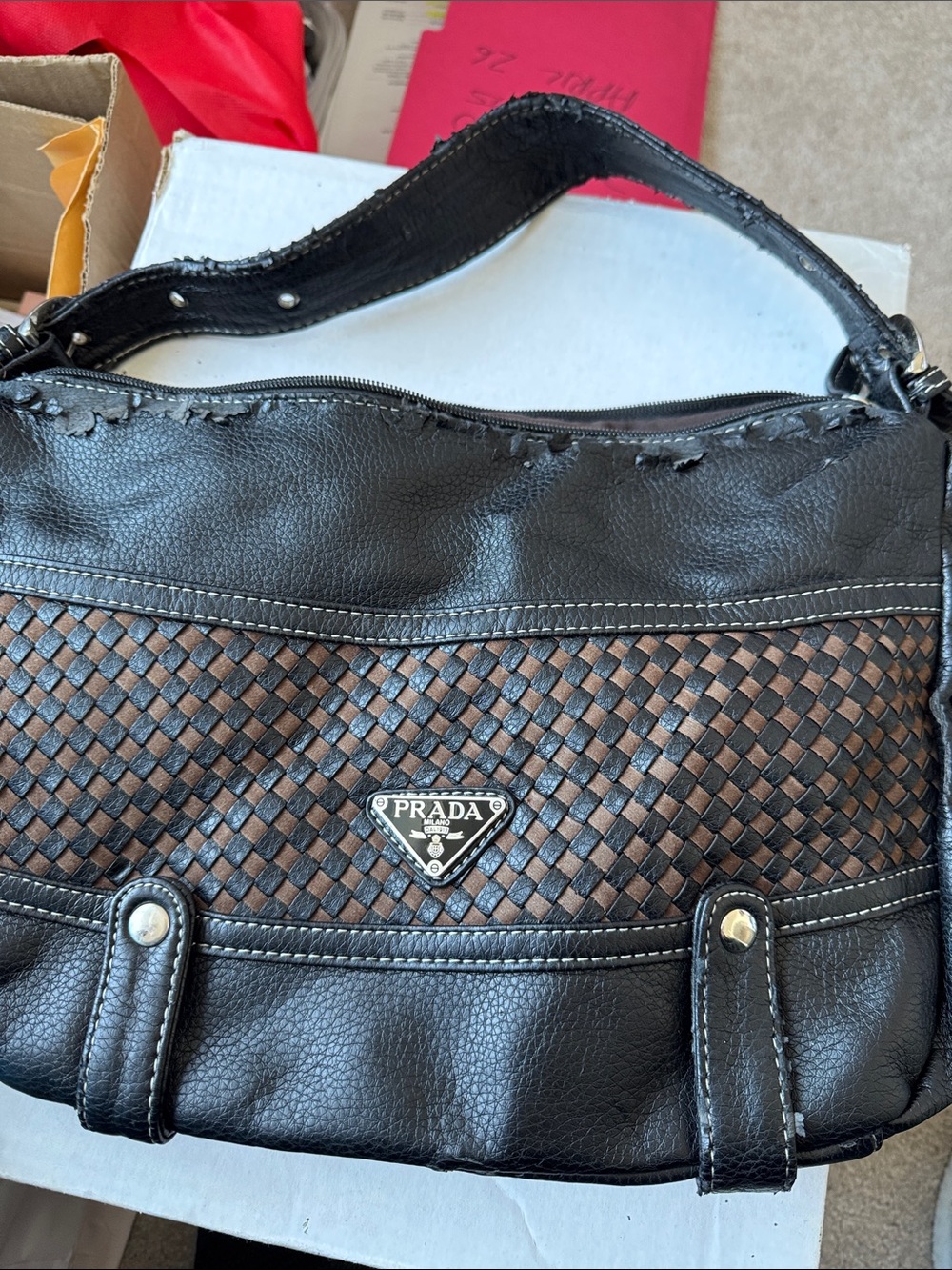 Prada Black and Brown Woven Leather Shoulder Bag